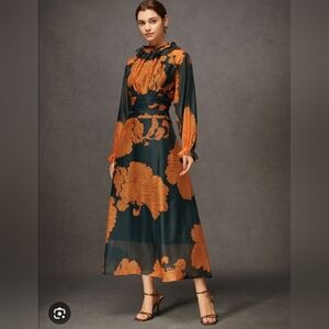 SHOPWE FLORAL MAXI DRESS SEMI SHEER CHIFFON LOTUS LEAF COLLAR DRESS SIZE SMALL